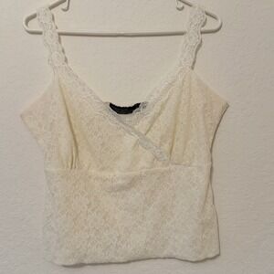 Y2K Babydoll Lace Tank Top Large Cream Ivory Cropped Coquette Romantic Fairy